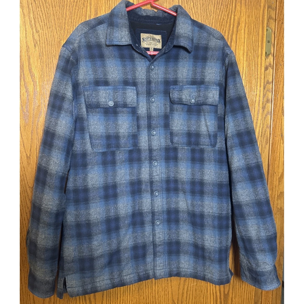 North River Men's M‎ Flannel Lined Shirt Jacket Blue Plaid Canvas Workwear